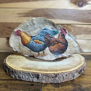 Vtg Decoupage On Artist Conk Shelf Mushroom Fungus Roosters Signed 2000